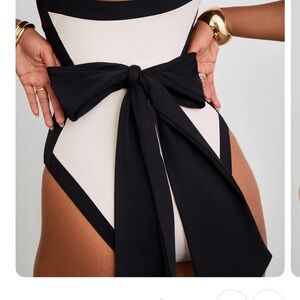 TA3 Sexy Sashy Black & Cream Slimming Swimsuit with Bow - Brand new - Medium